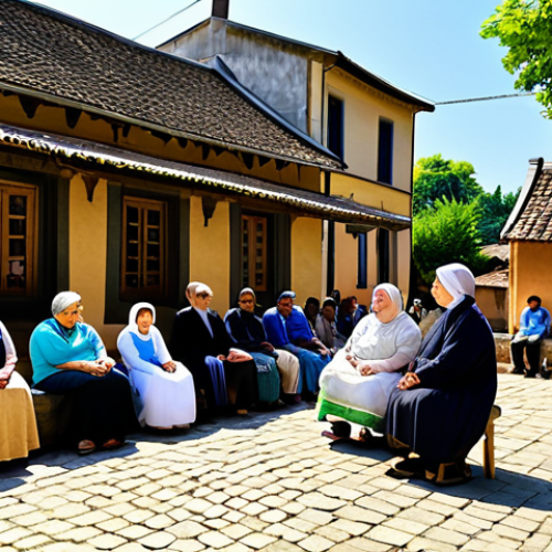 Home 4 A diverse group of individuals, including adults and children of varying ages, are gathered in a quaint, sun-drenched traditional village square. An elder person, fully clothed in modest, culturally appropriate attire, is warmly sharing a folk tale, with attentive younger generations seated around, actively listening and engaging. The background features charming traditional architecture and lush, natural greenery, bathed in soft, inviting light, conveying a sense of heritage and community bonding. safe for work, appropriate content, fully clothed, family-friendly, perfect anatomy, correct proportions, natural pose, well-formed hands, proper finger count, natural body proportions, professional photography, high quality.