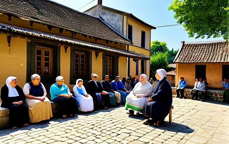 A diverse group of individuals, including adults and children of varying ages, are gathered in a quaint, sun-drenched traditional village square. An elder person, fully clothed in modest, culturally appropriate attire, is warmly sharing a folk tale, with attentive younger generations seated around, actively listening and engaging. The background features charming traditional architecture and lush, natural greenery, bathed in soft, inviting light, conveying a sense of heritage and community bonding. safe for work, appropriate content, fully clothed, family-friendly, perfect anatomy, correct proportions, natural pose, well-formed hands, proper finger count, natural body proportions, professional photography, high quality.