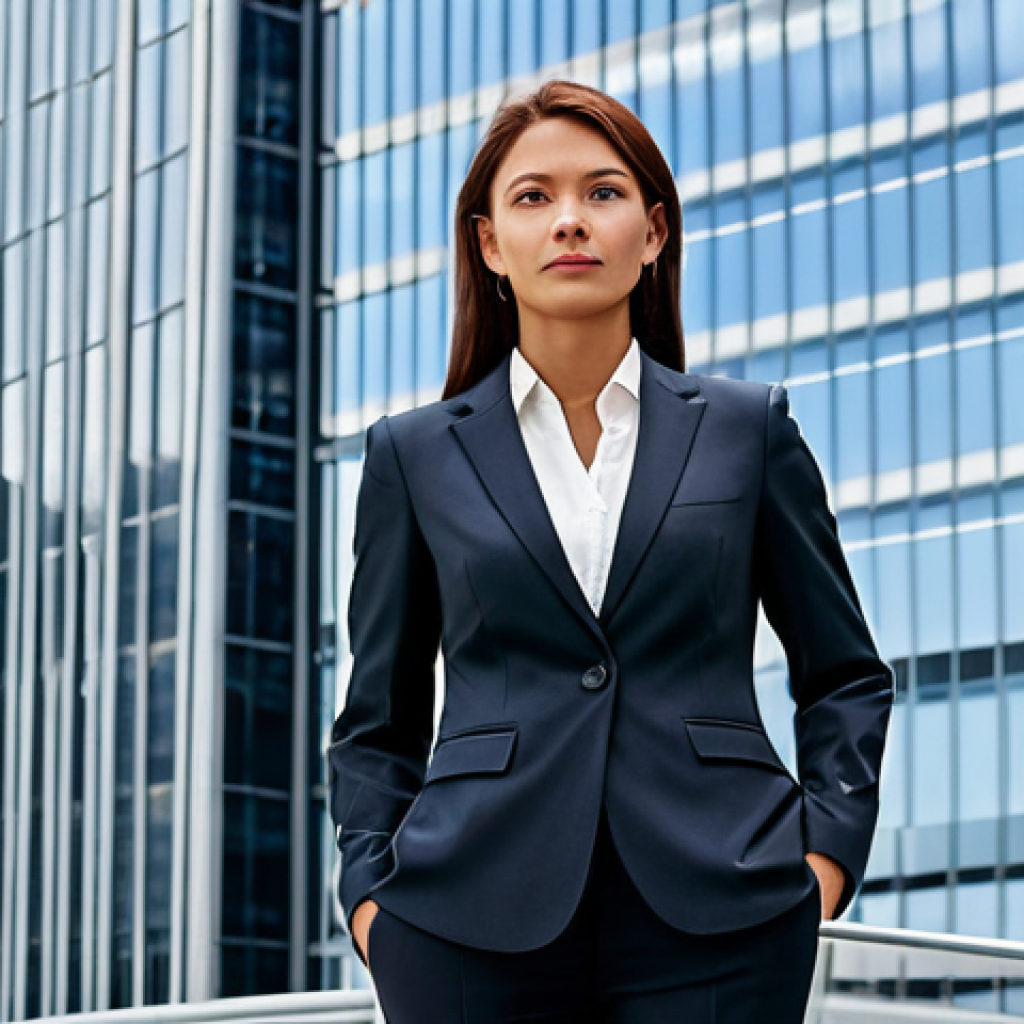 아메리카 역사 - "A professional businesswoman in a modest business suit, standing confidently in front of a modern s...