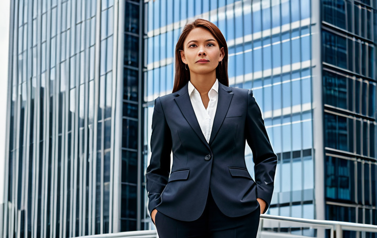 아메리카 역사 - "A professional businesswoman in a modest business suit, standing confidently in front of a modern s...
