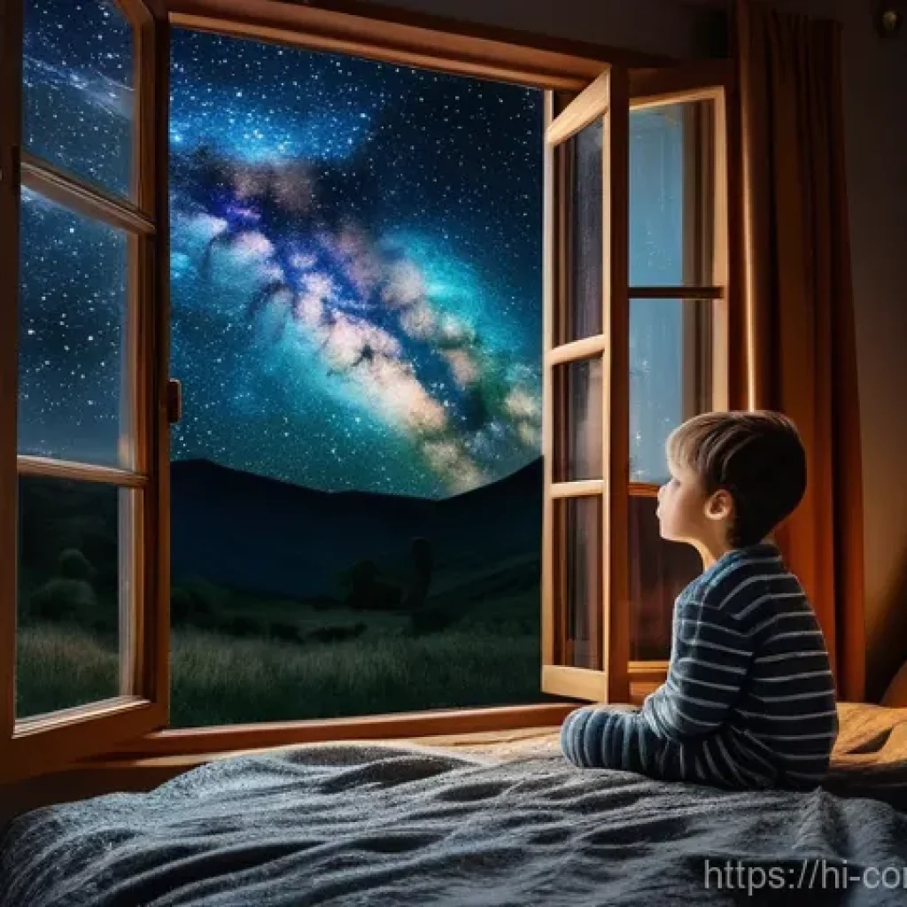 하늘의 비밀 - **Prompt 1: A child's cosmic wonder.**
    A young child, approximately 8-10 years old, wearing comf...