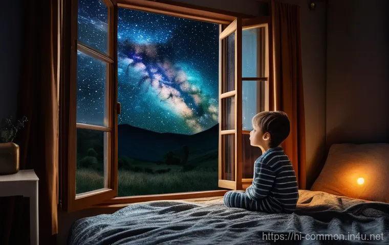 하늘의 비밀 - **Prompt 1: A child's cosmic wonder.**
A young child, approximately 8-10 years old, wearing comf...