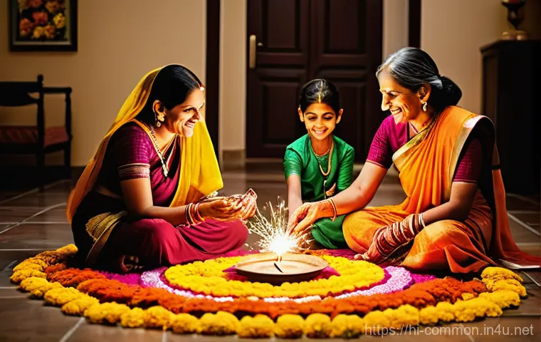 문화 상식 - **A joyful multi-generational Indian family celebrating a festival.**
A vibrant, warmly lit scen...