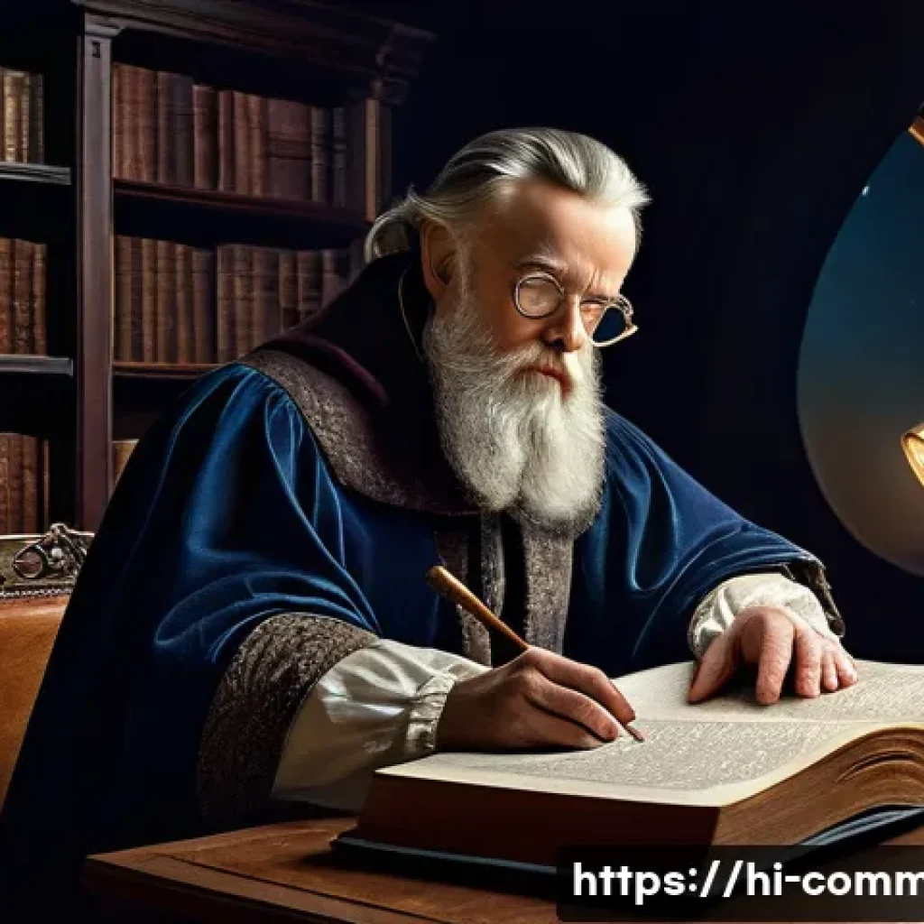 과학 혁명 - A detailed historical scene showing Galileo Galilei in his 17th-century study, wearing period-approp...