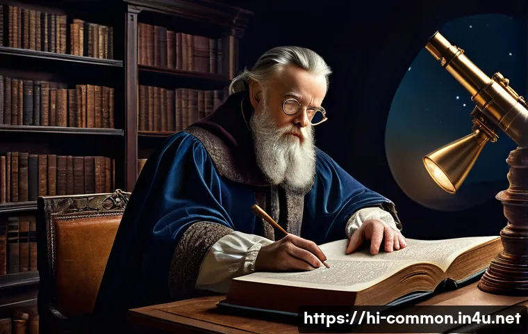 과학 혁명 - A detailed historical scene showing Galileo Galilei in his 17th-century study, wearing period-approp...