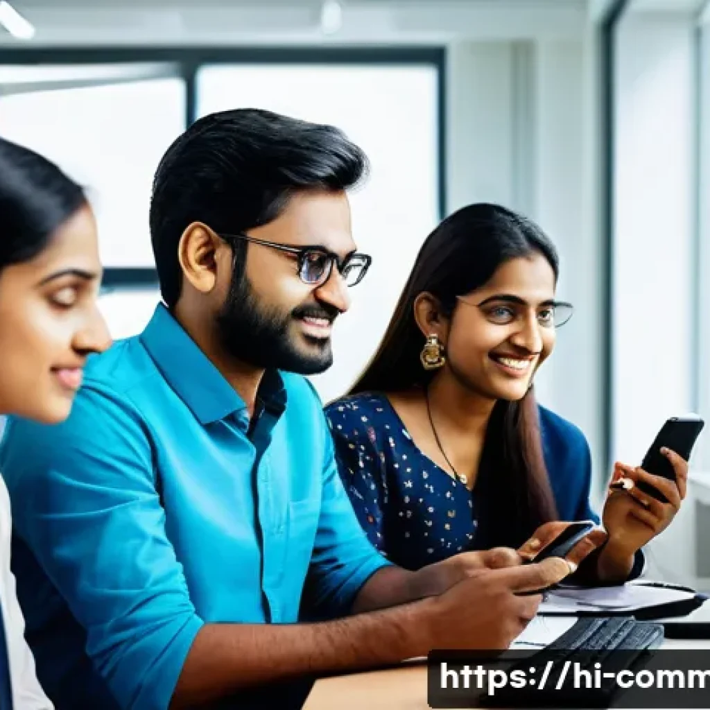 IT 상식 - A diverse group of Indian professionals in a modern office setting actively engaging with digital de...