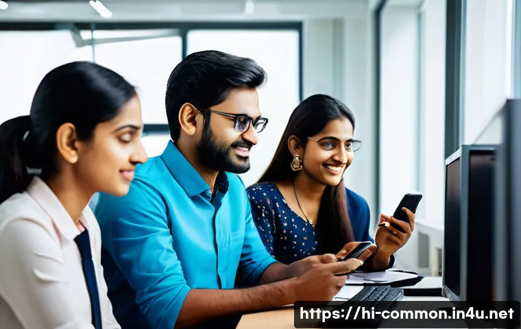 IT 상식 - A diverse group of Indian professionals in a modern office setting actively engaging with digital de...