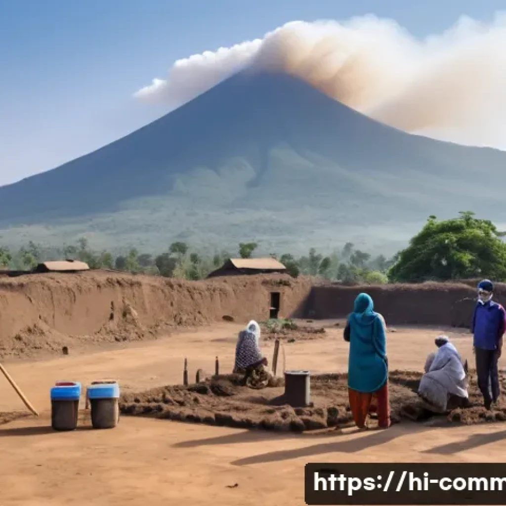 화산 활동 - ) A photorealistic wide-angle scene at golden hour showing a volcanic monitoring field at the edge o...