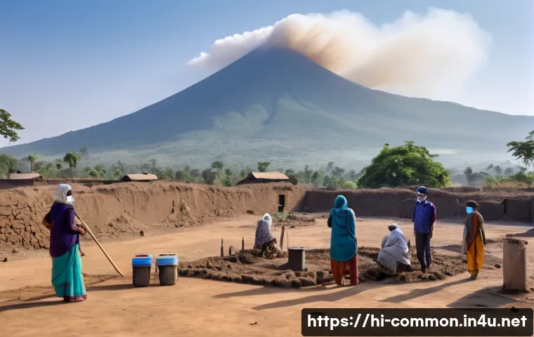 화산 활동 - ) A photorealistic wide-angle scene at golden hour showing a volcanic monitoring field at the edge o...