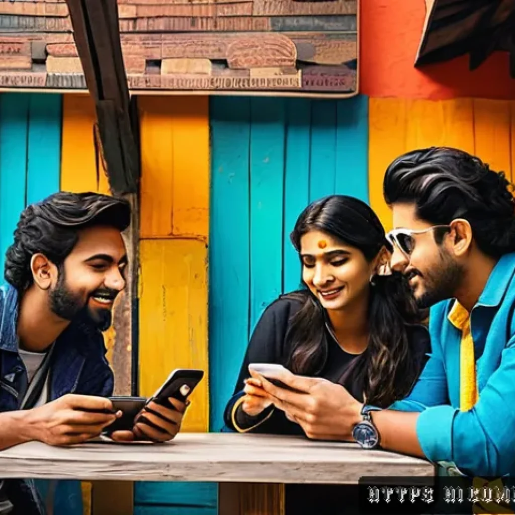 대중문화 아이콘 - A vibrant digital-age social gathering scene in India, featuring diverse young adults actively engag...