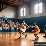 NBA 역사 - A dynamic scene of a passionate basketball game from the 1940s NBA era, showcasing players in vintag...