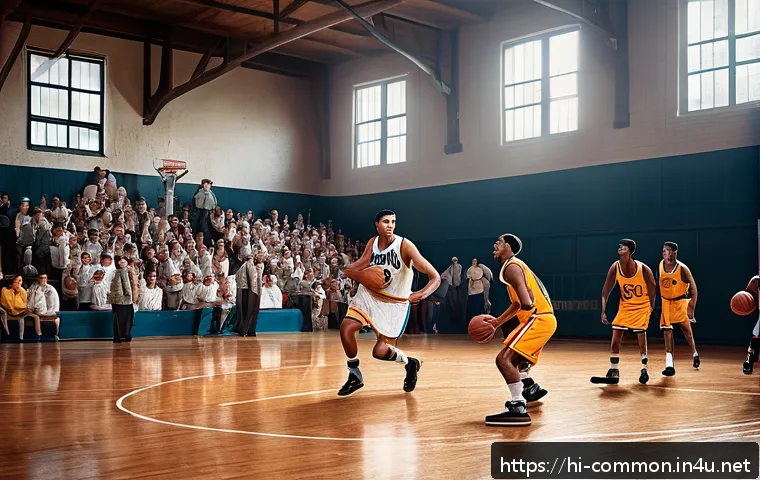 NBA 역사 - A dynamic scene of a passionate basketball game from the 1940s NBA era, showcasing players in vintag...