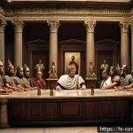 로마 제국 - A dramatic ancient Roman political scene depicting a tense council chamber filled with senators and ...