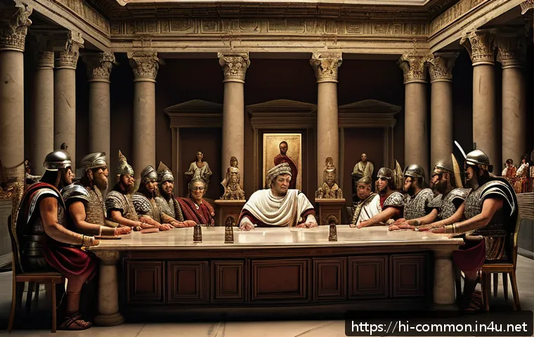로마 제국 - A dramatic ancient Roman political scene depicting a tense council chamber filled with senators and ...
