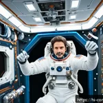 우주 여행 - An astronaut in a zero-gravity environment inside the International Space Station, wearing a fitted ...