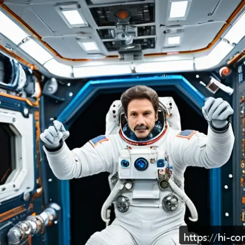 우주 여행 - An astronaut in a zero-gravity environment inside the International Space Station, wearing a fitted ...