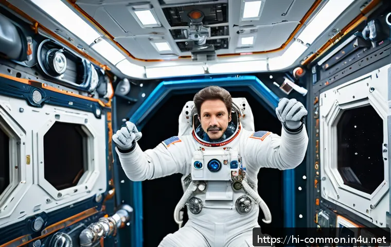 우주 여행 - An astronaut in a zero-gravity environment inside the International Space Station, wearing a fitted ...