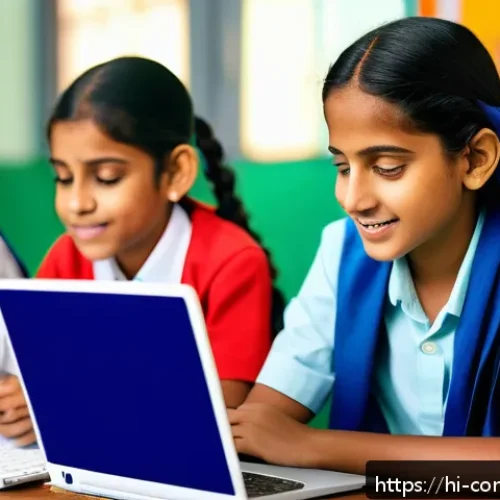 인류의 발전 - A vibrant digital classroom scene showcasing young Indian students engaged in interactive online lea...