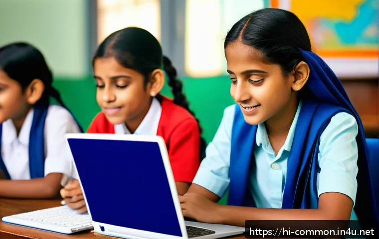 인류의 발전 - A vibrant digital classroom scene showcasing young Indian students engaged in interactive online lea...
