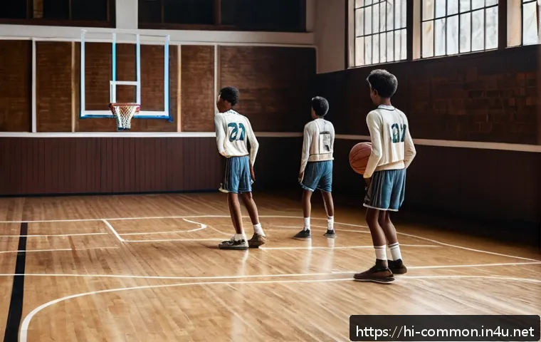 농구 역사 - A vintage indoor basketball scene from 1891 showing young male players wearing early 20th-century sp...