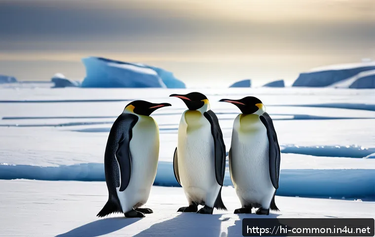 극지방의 생물 - A detailed and realistic scene of a group of emperor penguins standing closely together on icy Antar...