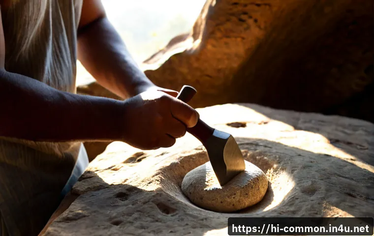 고대 인류의 기술 - Photorealistic prehistoric workshop inside a sunlit rock shelter, an early human craftsperson wearin...