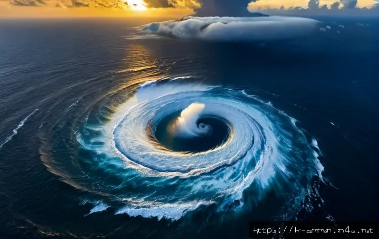 폭풍과 태풍 - Photorealistic aerial view of a massive tropical typhoon spiraling over deep blue ocean, sharply def...